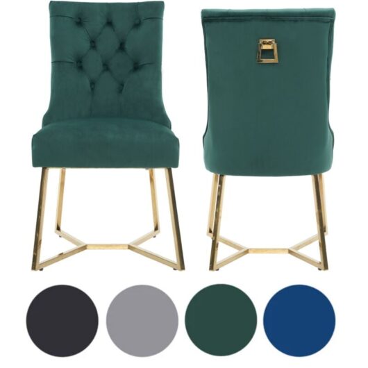 Set of 2 Green Ambra Modern Velvet Dining Chairs with Gold Legs & Ring Handle - Tufted Back, Plush Foam Seat, Luxury Accent Chair