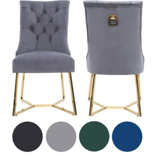 Set of 2 Grey Ambra Modern Velvet Dining Chairs with Gold Legs & Ring Handle - Tufted Back, Plush Foam Seat, Luxury Accent Chair