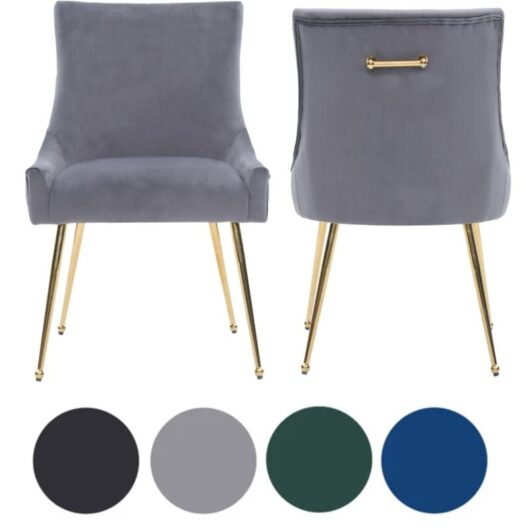 Set of 2 Grey Viviana Velvet Dining Chairs with Gold Legs and Ring Handle - Modern Upholstered Accent Chair