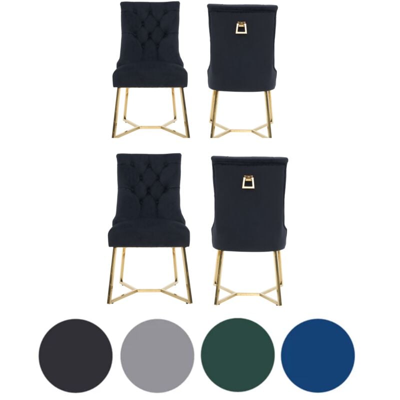 Set of 4 Black Ambra Modern Velvet Dining Chairs with Gold Legs & Ring Handle - Tufted Back, Plush Foam Seat, Luxury Accent Chair