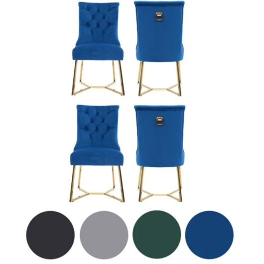 Set of 4 Blue Ambra Modern Velvet Dining Chairs with Gold Legs & Ring Handle - Tufted Back, Plush Foam Seat, Luxury Accent Chair