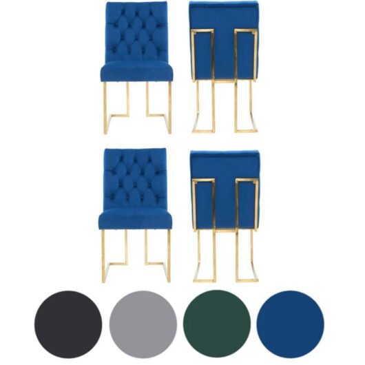 Set of 4 Blue Siena Luxury Tufted Velvet Dining Chairs with Gold Frame & Legs - Modern Upholstered Accent Chair
