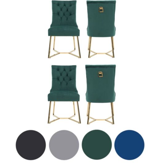 Set of 4 Green Ambra Modern Velvet Dining Chairs with Gold Legs & Ring Handle - Tufted Back, Plush Foam Seat, Luxury Accent Chair