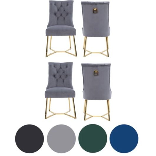 Set of 4 Grey Ambra Modern Velvet Dining Chairs with Gold Legs & Ring Handle - Tufted Back, Plush Foam Seat, Luxury Accent Chair
