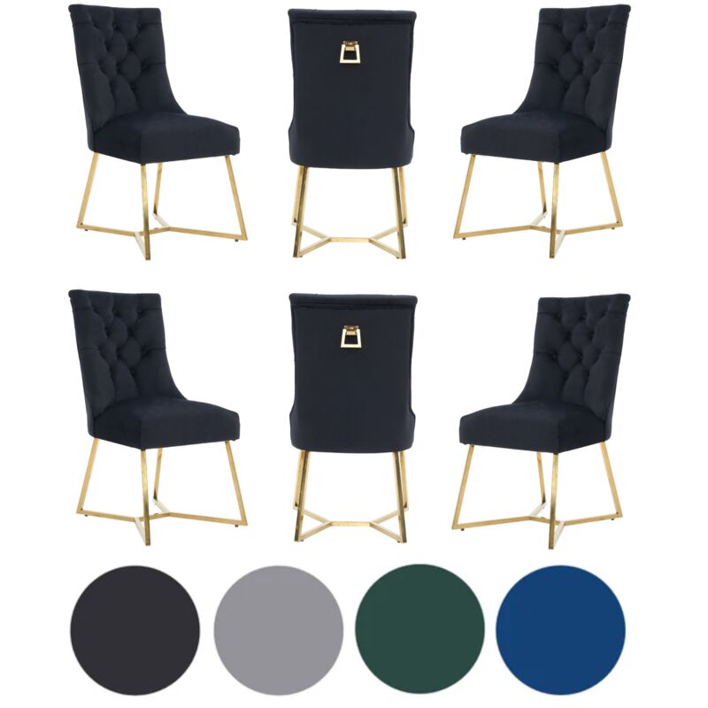 Set of 6 Black Ambra Modern Velvet Dining Chairs with Gold Legs & Ring Handle - Tufted Back, Plush Foam Seat, Luxury Accent Chair