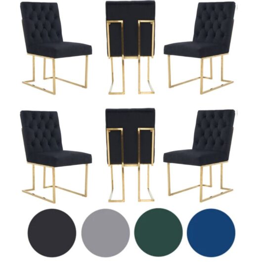 Set of 6 Black Siena Luxury Tufted Velvet Dining Chairs with Gold Frame & Legs - Modern Upholstered Accent Chair