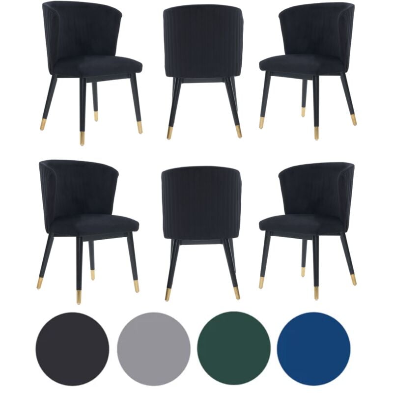 Set of 6 Black Sofina Modern Velvet Dining Chairs with Tufted Back - Wooden Frame & Gold-Tipped Rubberwood Legs