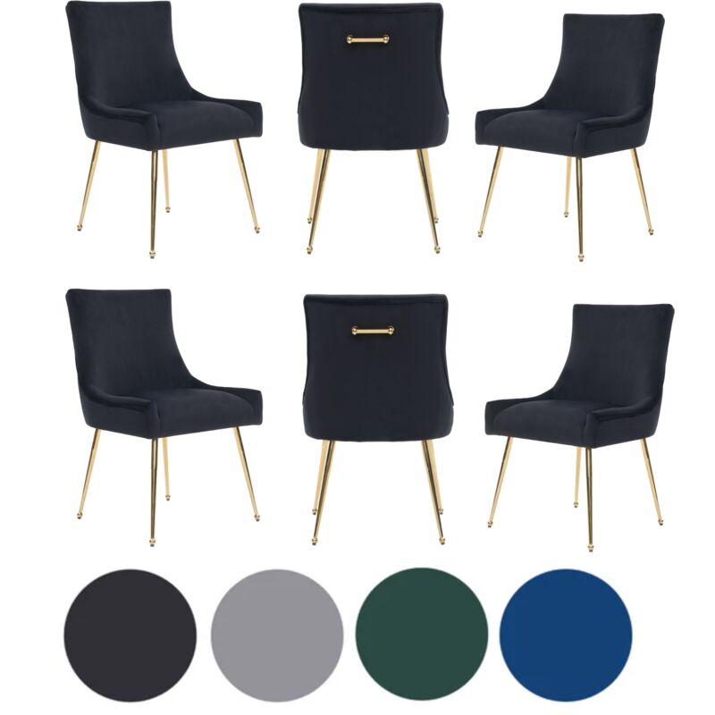 Set of 6 Black Viviana Velvet Dining Chairs with Gold Legs and Ring Handle - Modern Upholstered Accent Chair