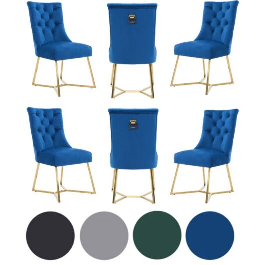 Set of 6 Blue Ambra Modern Velvet Dining Chairs with Gold Legs & Ring Handle - Tufted Back, Plush Foam Seat, Luxury Accent Chair