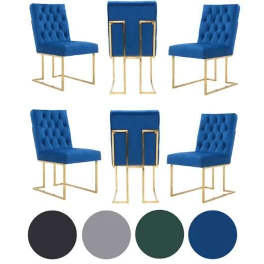 Set of 6 Blue Siena Luxury Tufted Velvet Dining Chairs with Gold Frame & Legs - Modern Upholstered Accent Chair
