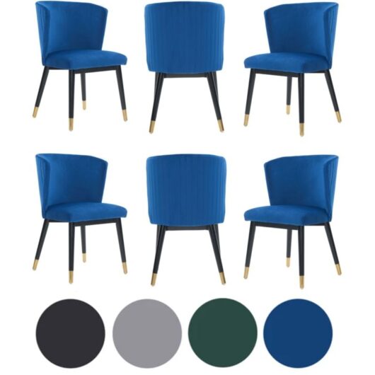 Set of 6 Blue Sofina Modern Velvet Dining Chairs with Tufted Back - Wooden Frame & Gold-Tipped Rubberwood Legs