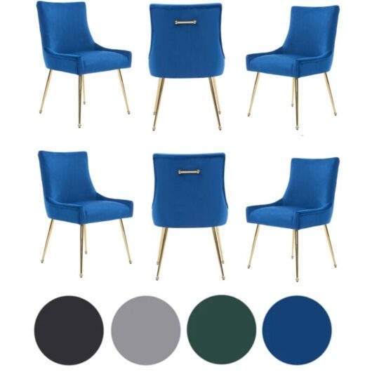 Set of 6 Blue Viviana Velvet Dining Chairs with Gold Legs and Ring Handle - Modern Upholstered Accent Chair