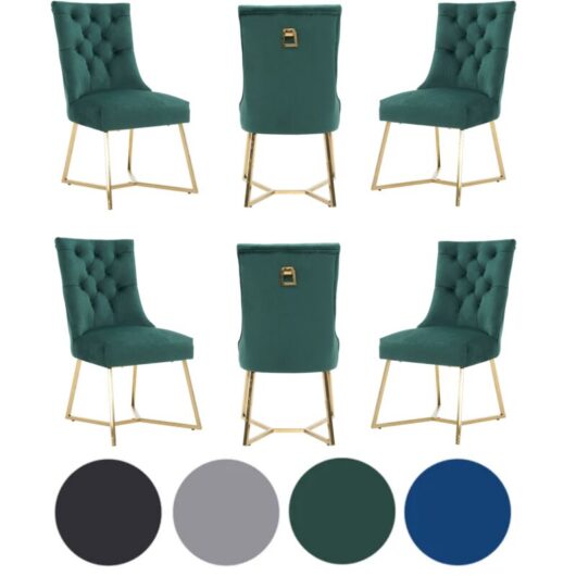Set of 6 Green Ambra Modern Velvet Dining Chairs with Gold Legs & Ring Handle - Tufted Back, Plush Foam Seat, Luxury Accent Chair