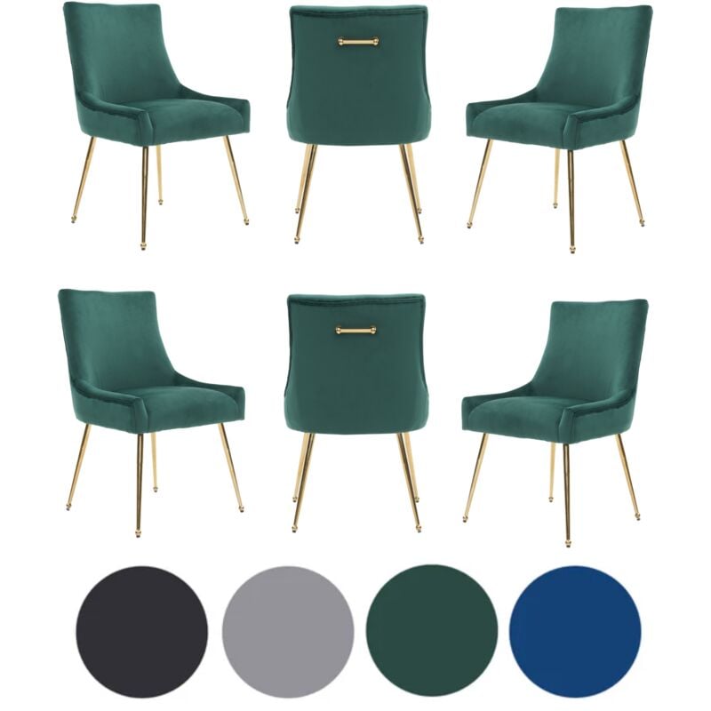 Set of 6 Green Viviana Velvet Dining Chairs with Gold Legs and Ring Handle - Modern Upholstered Accent Chair