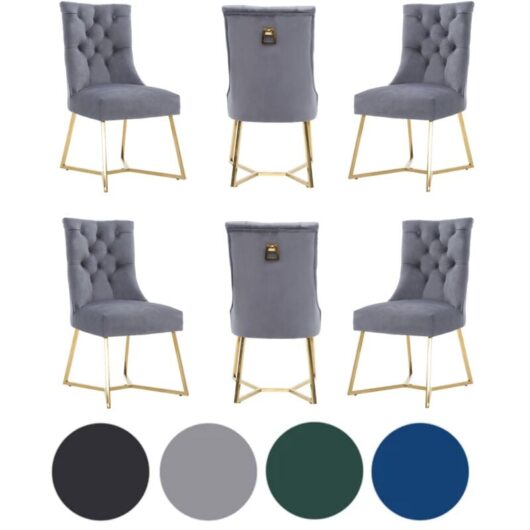 Set of 6 Grey Ambra Modern Velvet Dining Chairs with Gold Legs & Ring Handle - Tufted Back, Plush Foam Seat, Luxury Accent Chair