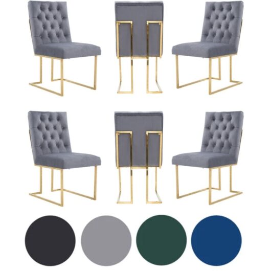 Set of 6 Grey Siena Luxury Tufted Velvet Dining Chairs with Gold Frame & Legs - Modern Upholstered Accent Chair