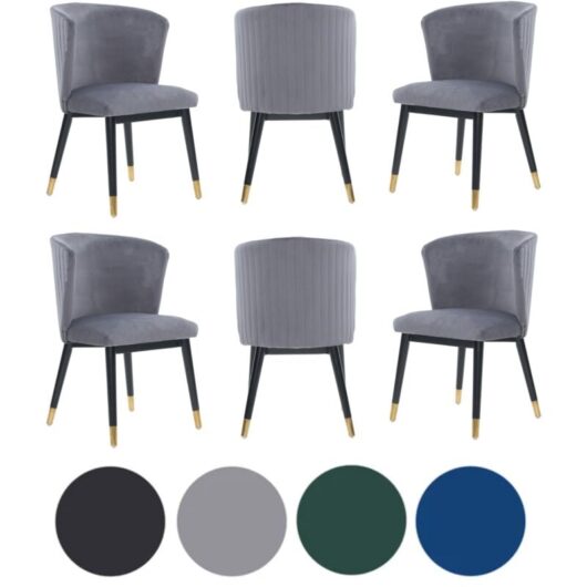Set of 6 Grey Sofina Modern Velvet Dining Chairs with Tufted Back - Wooden Frame & Gold-Tipped Rubberwood Legs