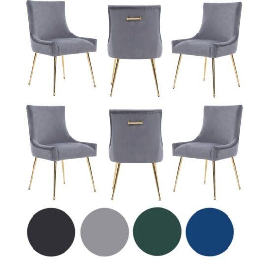 Set of 6 Grey Viviana Velvet Dining Chairs with Gold Legs and Ring Handle - Modern Upholstered Accent Chair