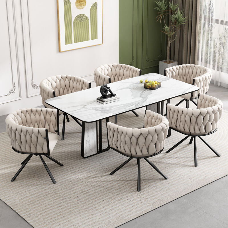 Set of 6, Velvet Dining Chair, Single Light Luxury Living Room Bedroom Swivel Chair, Leisure Swivel Chair with Four Metal Support Legs, Beige