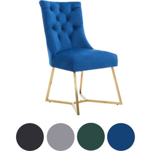 Single Blue Ambra Modern Velvet Dining Chair with Gold Legs & Ring Handle -Tufted Back, Plush Foam Seat, Luxury Accent Chair