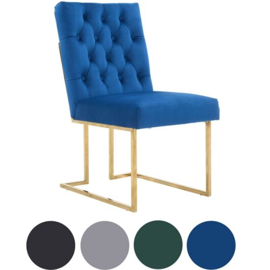 Single Blue Siena Luxury Tufted Velvet Dining Chair with Gold Frame & Legs - Modern Upholstered Accent Chair