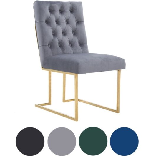Single Grey Siena Luxury Tufted Velvet Dining Chair with Gold Frame & Legs - Modern Upholstered Accent Chair