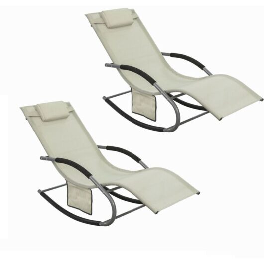 Sobuy - Set of 2 Sun Lounger Garden Chair Recliner with Cushioned Pillow & Side Pocket Garden Rocking Chair with Steel Frame Outdoor Furniture Beige
