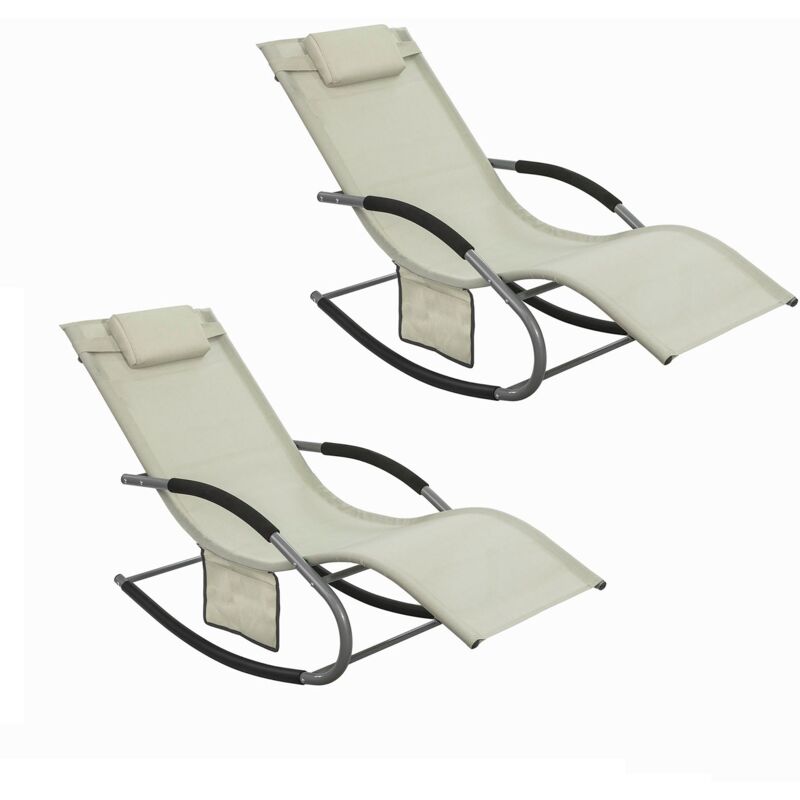 Sobuy - Set of 2 Sun Lounger Garden Chair Recliner with Cushioned Pillow & Side Pocket Garden Rocking Chair with Steel Frame Outdoor Furniture Beige