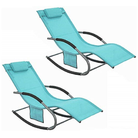 Sobuy - Set of 2 Sun Lounger Garden Chair Recliner with Cushioned Pillow & Side Pocket Garden Rocking Chair with Steel Frame Outdoor Furniture Blue