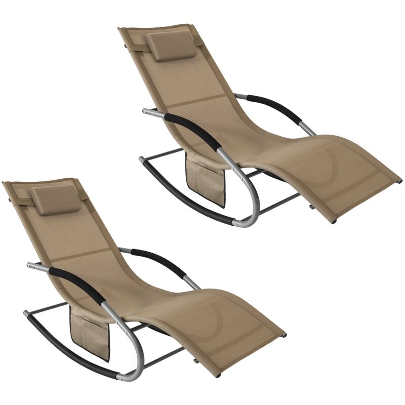 Sobuy - Set of 2 Sun Lounger Garden Chair Recliner with Cushioned Pillow & Side Pocket Garden Rocking Chair with Steel Frame Outdoor Furniture Brown