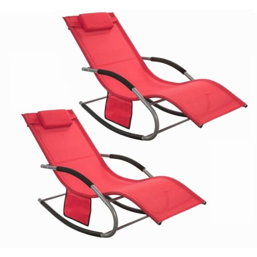Sobuy - Set of 2 Sun Lounger Garden Chair Recliner with Cushioned Pillow & Side Pocket Garden Rocking Chair with Steel Frame Outdoor Furniture Red
