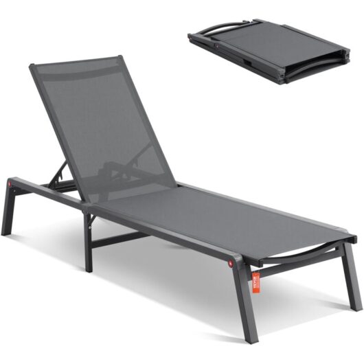 VEVOR Chaise Lounge Chair Outdoor, Aluminum Patio Lounge Chair with Adjustable 5-Position, Folding Pool Lounge Chair Recliner and Full Flat Tanning