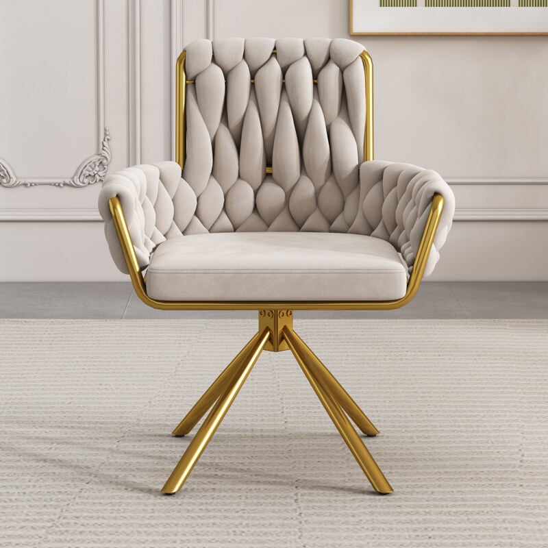 Velvet Dining Chair, Armchair, Single Luxurious Living Room and Bedroom Swivel Chair, Leisure Swivel Chair with Four Metal Support Legs, Beige
