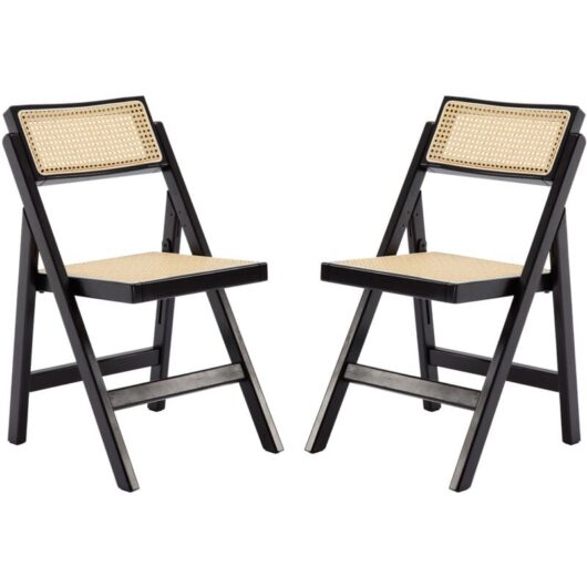 Wahson Dining Chairs 2Pcs in Rattan Backrest Foldable Chairs with Wood Frame Rustic Leisure Chairs for Kitchen Living Room, Black