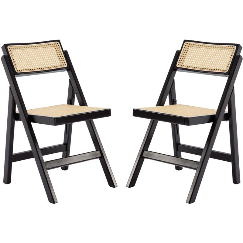 Wahson Dining Chairs 2Pcs in Rattan Backrest Foldable Chairs with Wood Frame Rustic Leisure Chairs for Kitchen Living Room, Black