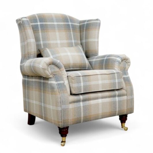 Wing Chair Fireside High Back Armchair Balmoral Antique Gold Check Fabric P&S Tartan | Beige & Grey Plaid | Elegant Lounge Chair with Wooden Legs