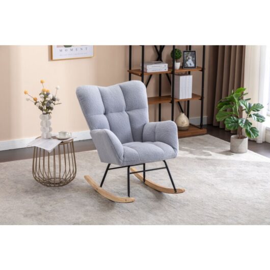 Abrihome - Mid Century Modern Teddy Fabric Tufted Upholstered Rocking Chair Padded Seat For Living Room Bedroom, Light Grey