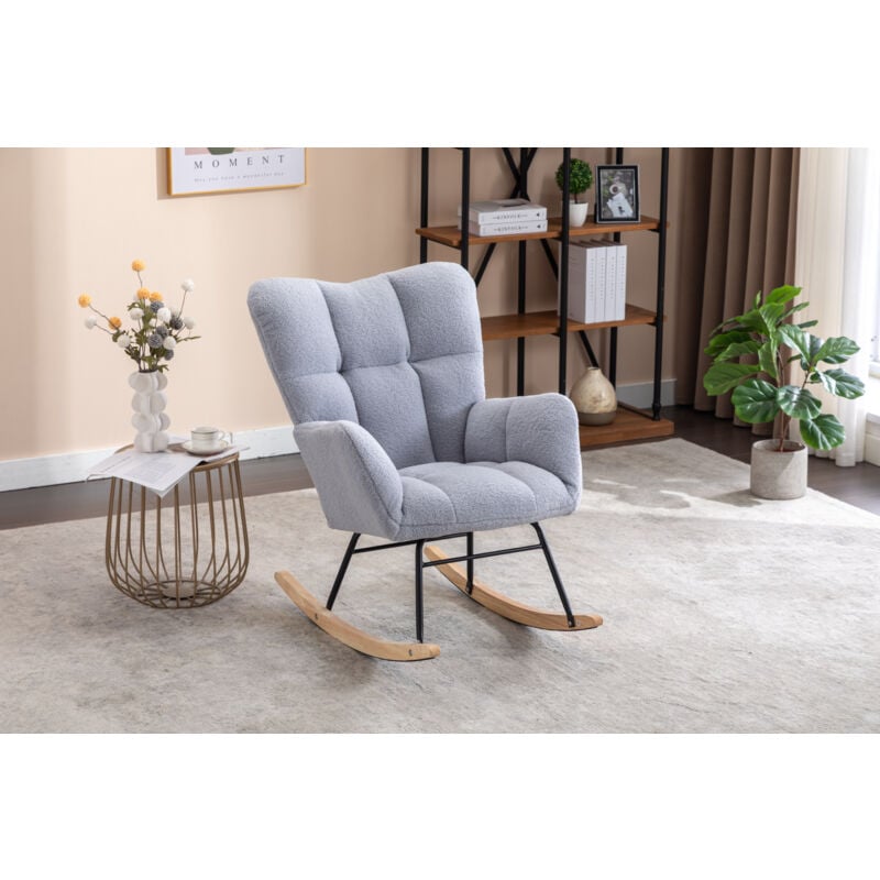Abrihome - Mid Century Modern Teddy Fabric Tufted Upholstered Rocking Chair Padded Seat For Living Room Bedroom, Light Grey