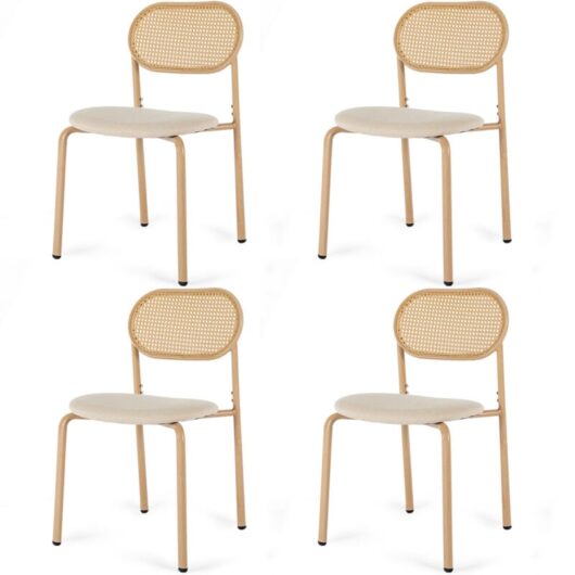 Artist Hand - Set of 4 Boho Dining Chairs for Living Room Dining Room, Upholstered Cane Dining Chair with Rattan Back & Metal Legs, Natural