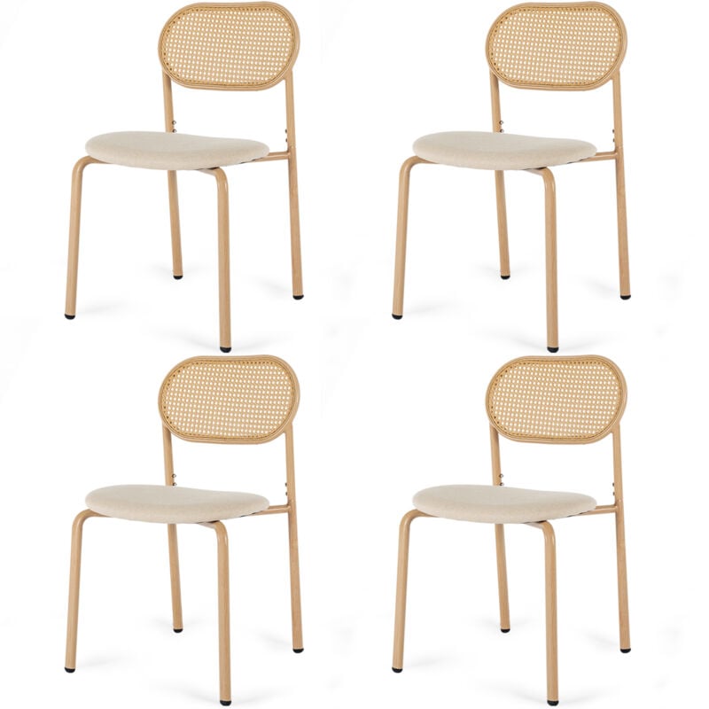 Artist Hand - Set of 4 Boho Dining Chairs for Living Room Dining Room, Upholstered Cane Dining Chair with Rattan Back & Metal Legs, Natural