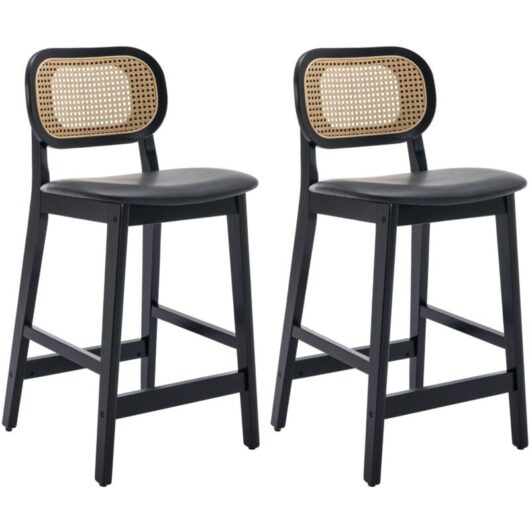 Bar Stools 2Pcs Upholstered in pu Leather Retro Rustic Counter Chairs with Wood Legs for Home Bar Kitchen Restaurant, Black, Wahson