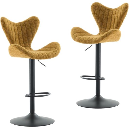Bar Stools 2Pcs in Chenille Fabric Height Adjustable Modern Counter Chairs with Stylish Designed Backrest for Home Bar Restaurant, Yellow, Wahson