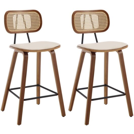 Bar Stools Set of 2 in Rattan Rustic Counter Chairs with Wood Legs for Home Bar Kitchen Restaurant, Beige, Wahson