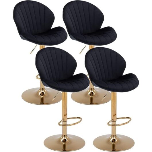Bar Stools Set of 4 in Velvet Breakfast Counter Chairs Height Adjustable with Shell-Shaped Backrest Swivel Bar Chairs for Home Bar Restaurant, Black,
