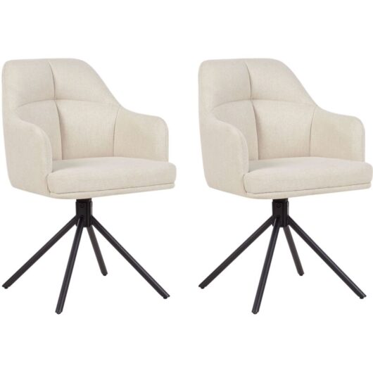 Beliani - Modern Fabric Dining Chairs Set of 2 Padded Seat Black Metal Legs Swivel Beige Mira
