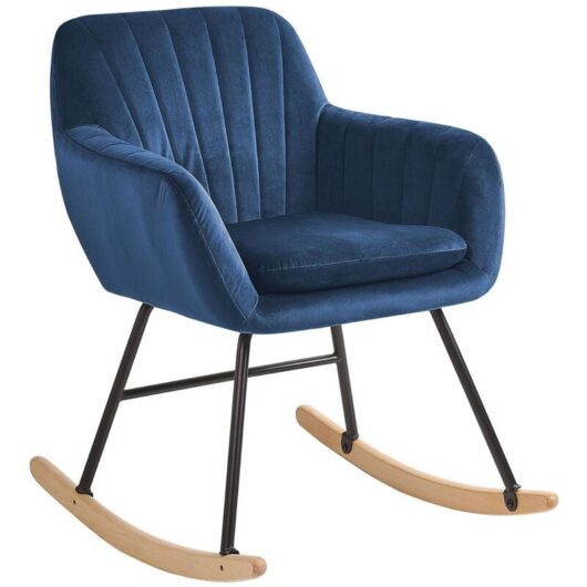 Beliani - Modern Rocking Chair Wooden Skates Rocker Velvet Seat Cobalt Blue Liarum