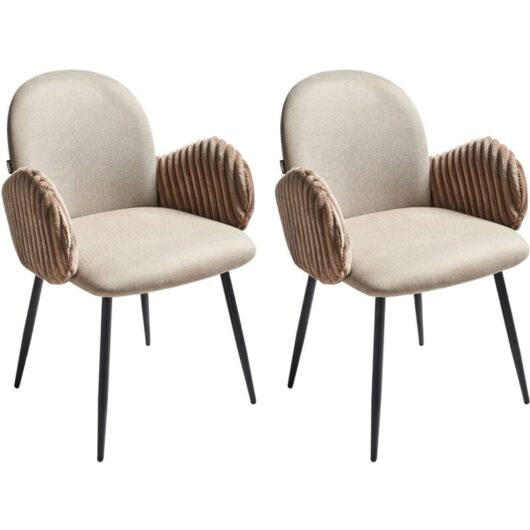 Beliani - Set of 2 Dining Chairs Iron Legs Fabric Upholstery With Velvet Armrests Taupe Amity
