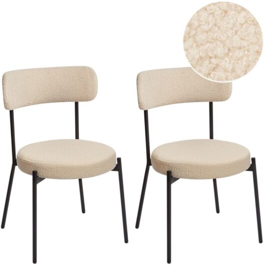 Beliani - Set of 2 Dining Room Chairs Boucle Steel Black Legs Armless Dining Room Seating Light Beige Allison