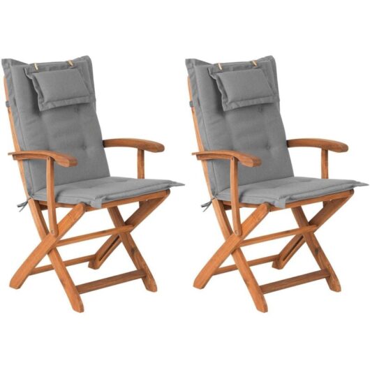 Beliani - Set of 2 Wooden Garden Folding Chairs Outdoor Dining Grey Cushion Maui