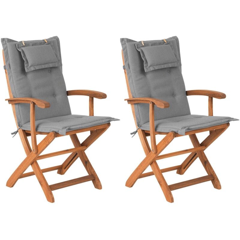 Beliani - Set of 2 Wooden Garden Folding Chairs Outdoor Dining Grey Cushion Maui